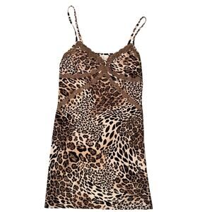 Ambrielle Vintage Y2K Style Cheetah‎ Print Lace Trim Slip Dress Camisole L